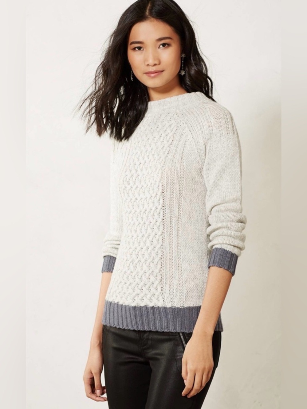 Anthropologie Sparrow Small Cable-Knit Crewneck Sweater - Gray with Navy Trim